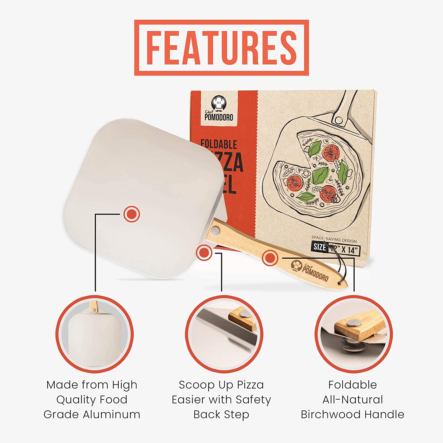 Chef Pomodoro Pelle à Pizza 36,6x40,6 Cm Aluminium - Spatule Pliable Avec Sécurité Pour Four Et Pizza