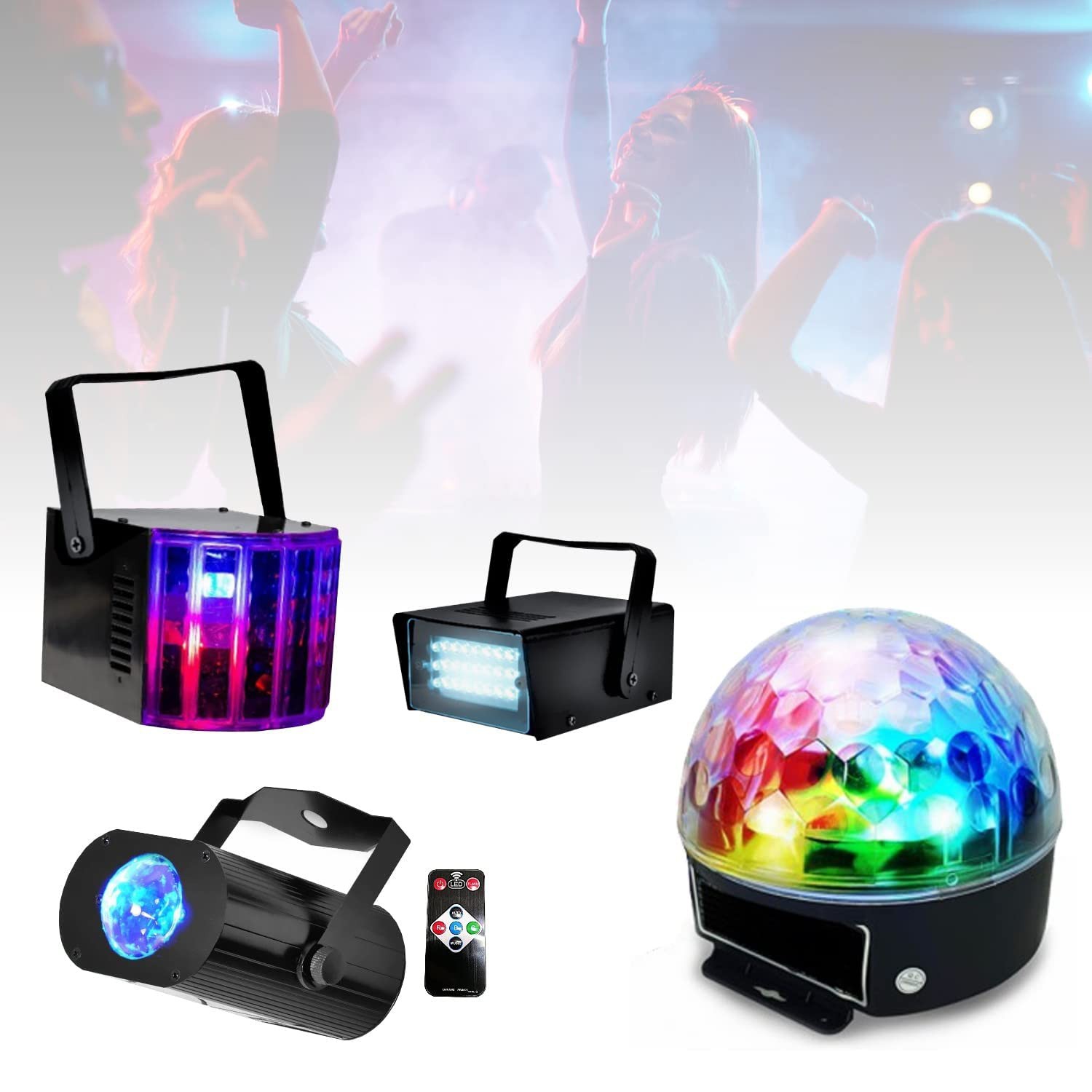 Pack Lumière Et Son Pour Soirée - 4 Projecteurs PAR Sur Support, Machine à Fumée + Liquide, 3 Effets Lumineux (strobos, Derby, Astro) - Pour Mariage, Fête, DJ - 10