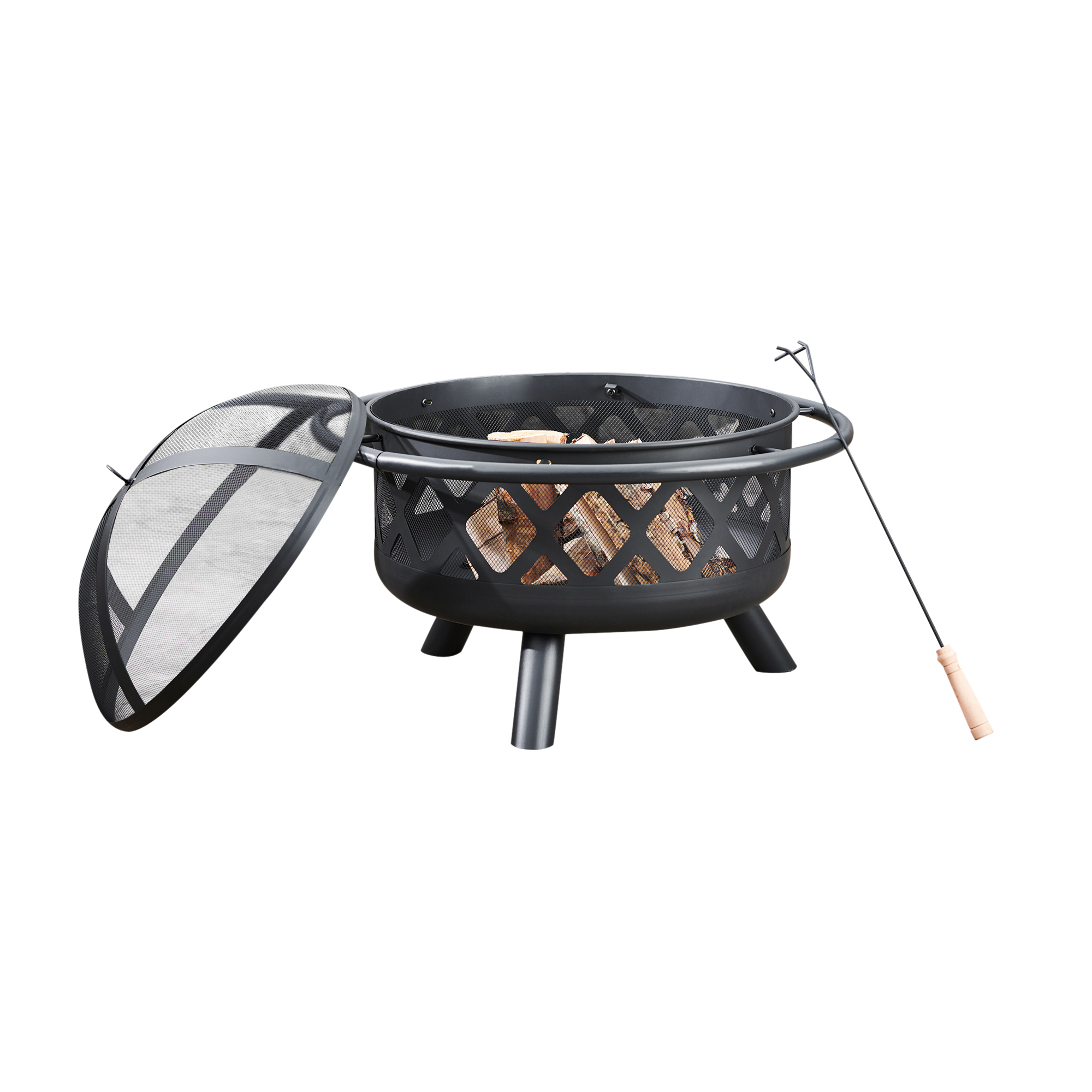 Braséro Bois Teamson Home 75cm - Foyer Extérieur Acier Avec Couvercle Et Tisonnier - Noir
