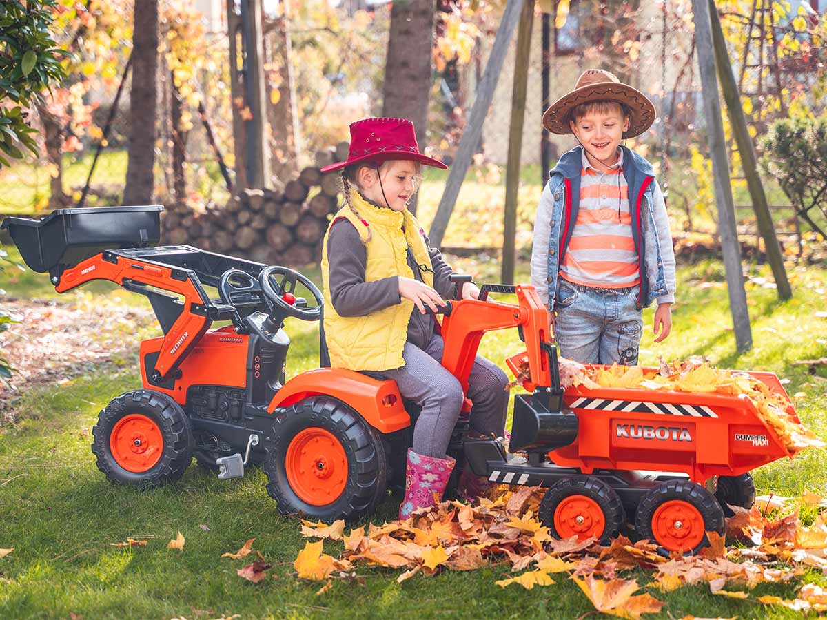 Tractopelle à Pédales Kubota FALK – Avec Pelle Articulée Et Remorque, Pour Enfants 2-5 Ans, Fabriqué En France, Orange Pelle Articulée Jouet