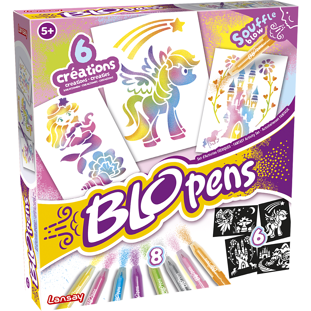 Kit Créatif Lansay Blopens Atelier Féérique 24120 – 8 Feutres à Souffler + 6 Pochoirs Réutilisables