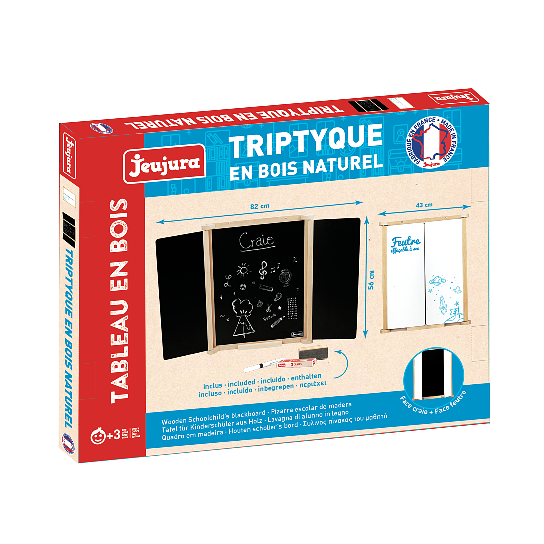 Tableau Triptyque Mural en Bois Naturel JEUJURA Centrale et Volets Feutre Accessoires Inclus 82x56 cm
