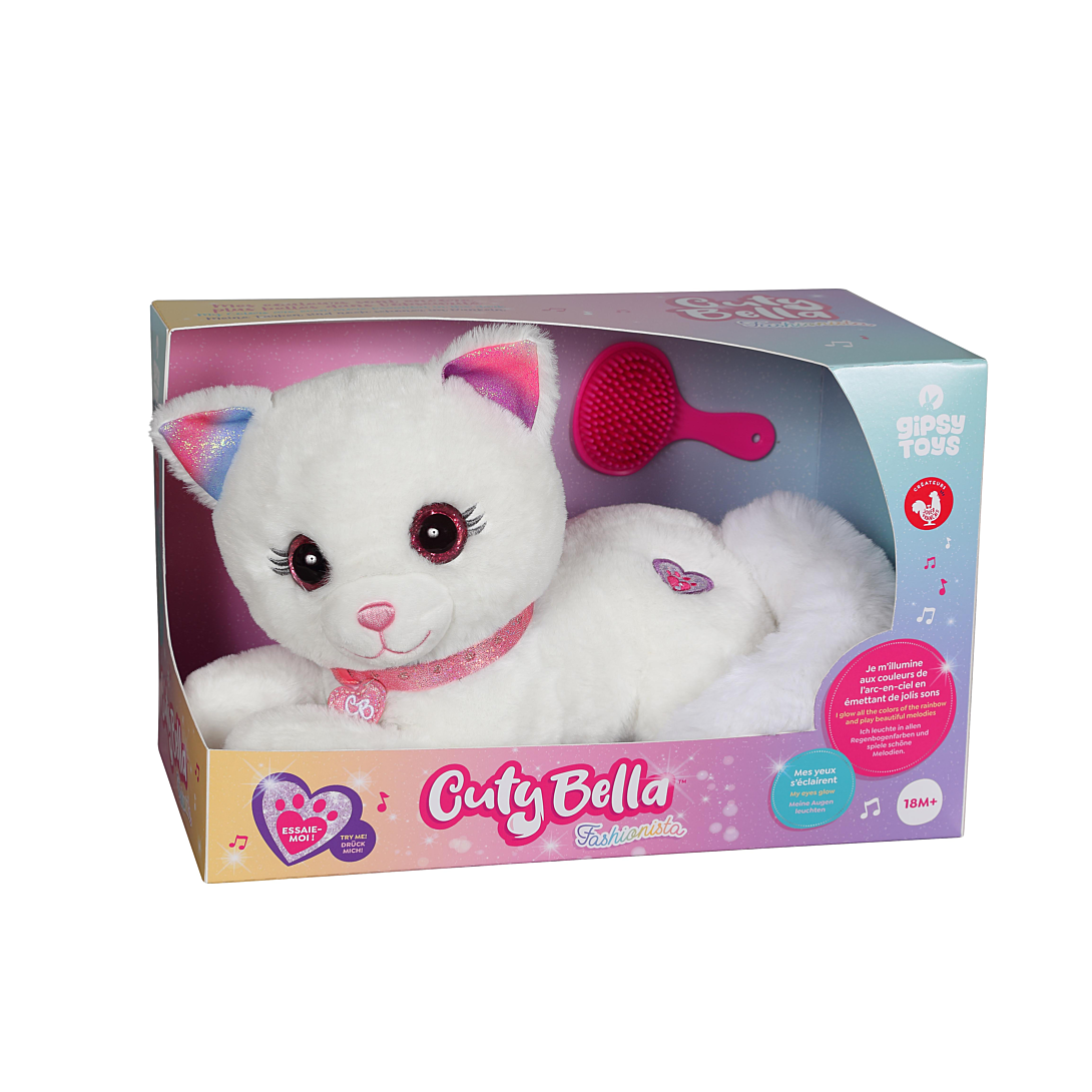 Gipsy Toys Cuty Bella Fashionista - Peluche Interactive Chat – Toute Douce Qui s’illumine au Rythme de Jolies Mélodies - 30 cm
