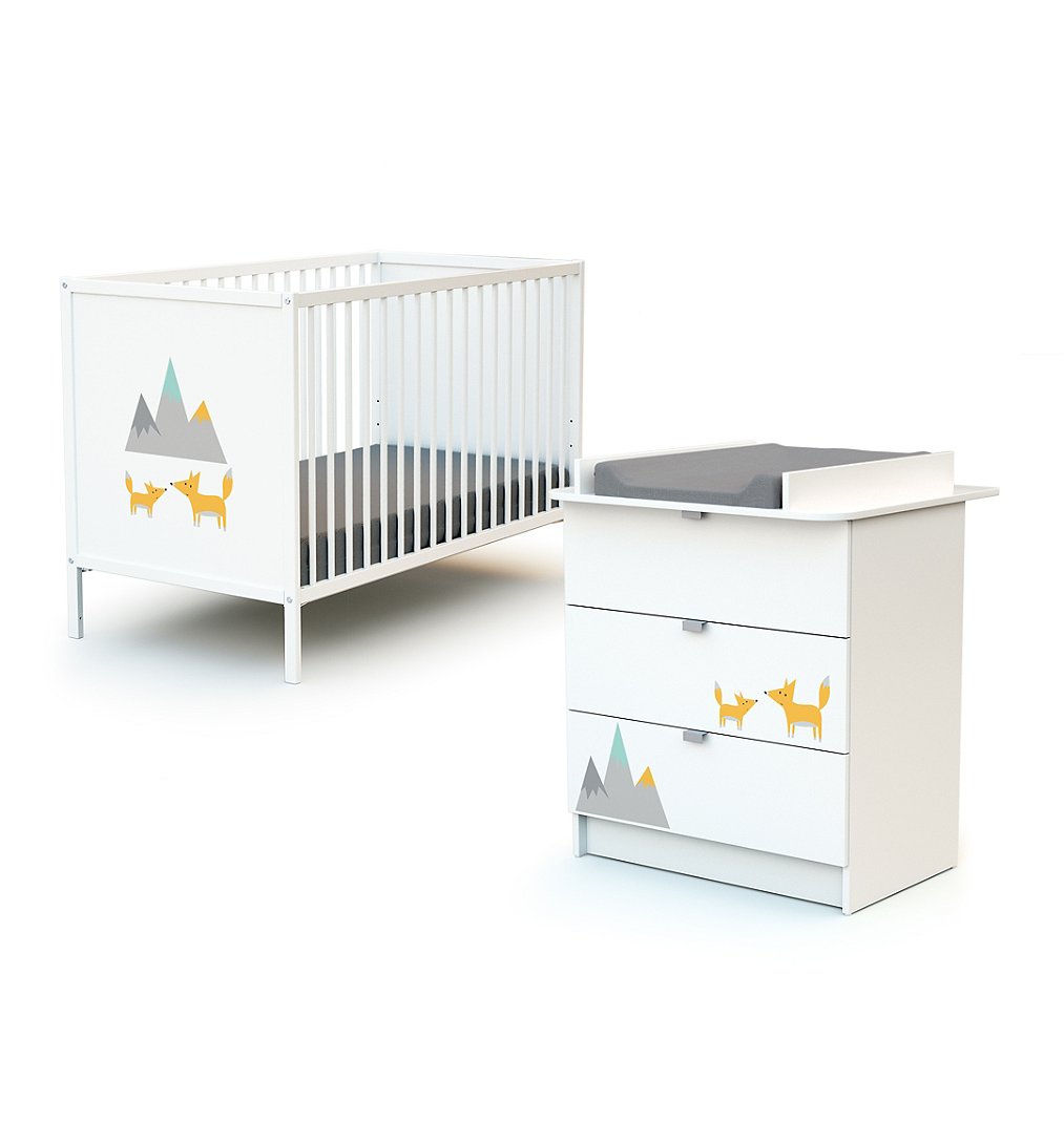 Petits-Meubles Lit bébé 60x120 et commode 3 tiroirs avec plan à langer AT4 Webaby Renard