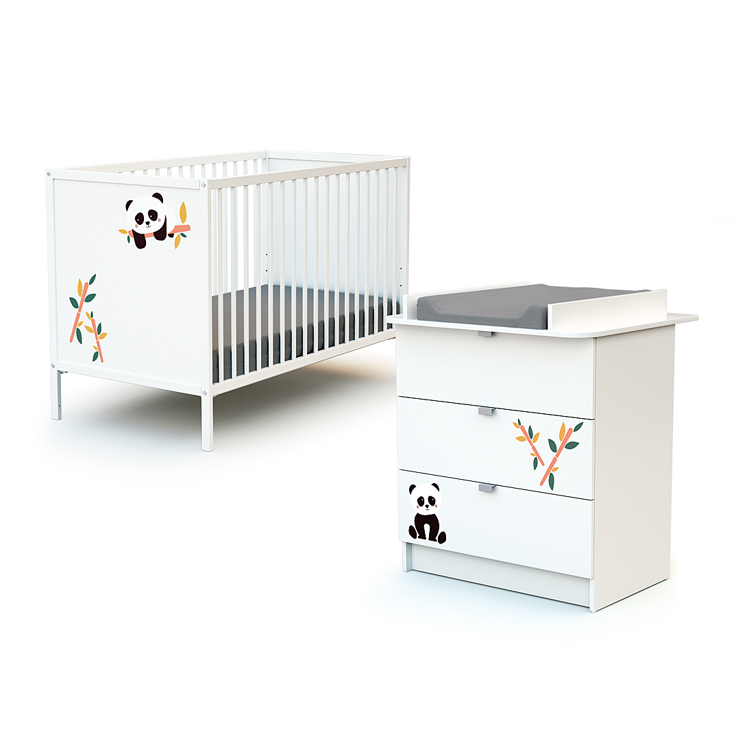 Duo Lit Bébé et Commode Panda Blanc