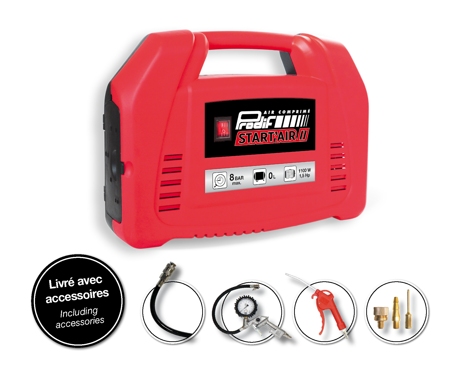 Compresseur sans cuve mallette 1,5Cv équipé