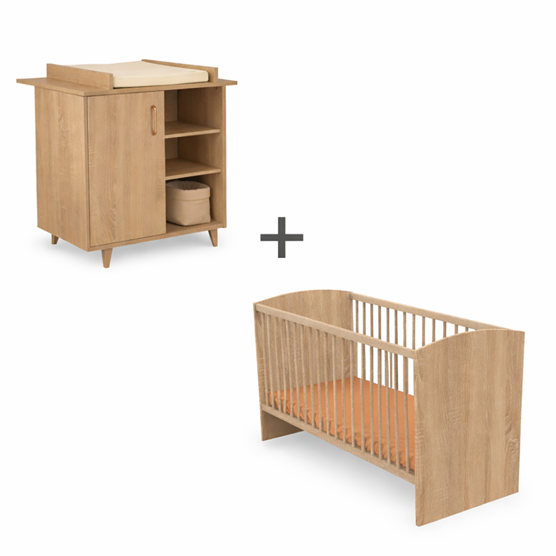 Chambre duo bébé SAUTHON Sam Chêne doré Lit bébé 120 x 60 cm et commode à langer - vue 2