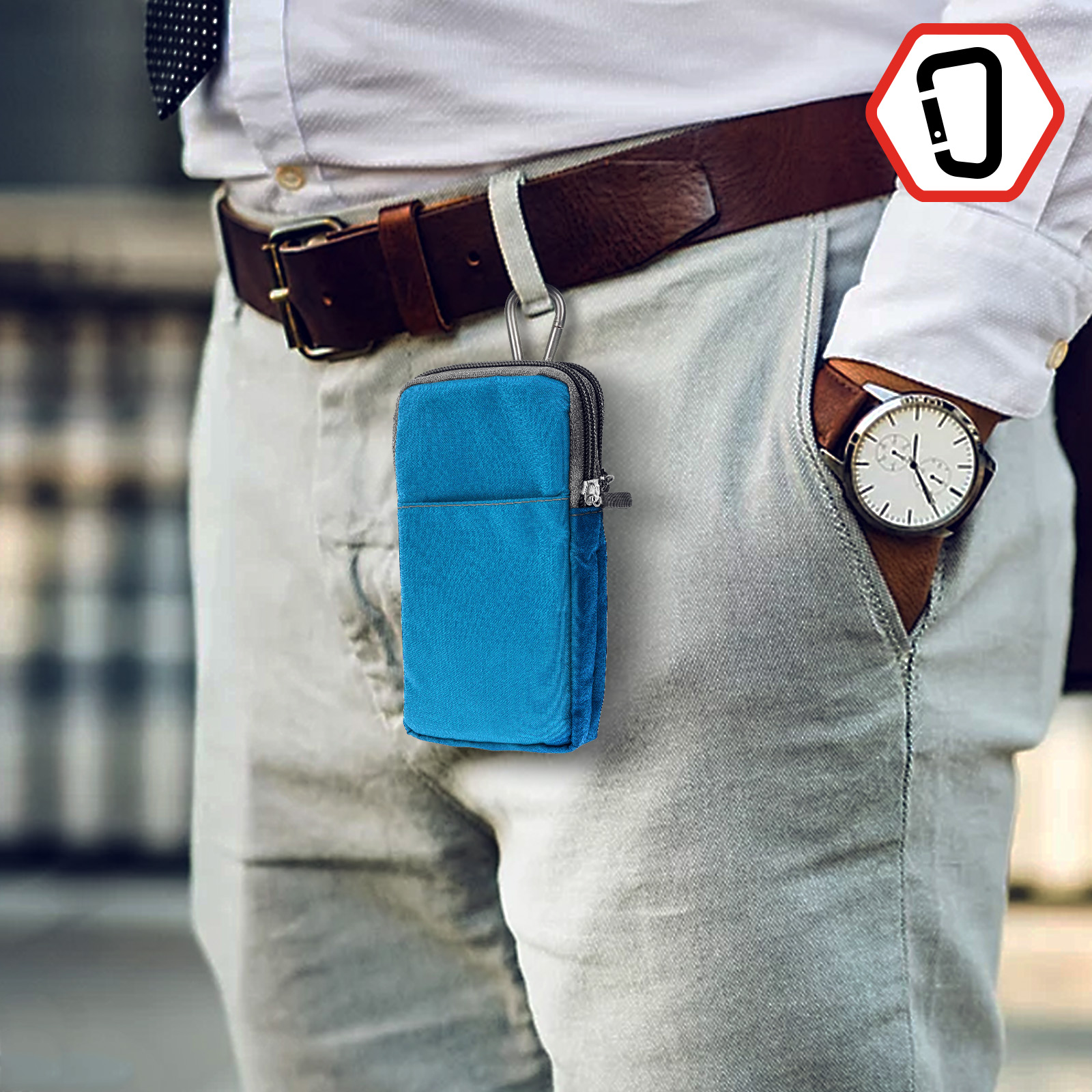 Étui Ceinture Smartphone Avec Mousqueton Et 2 Poches - Noir En Coton - Universel Et Pratique