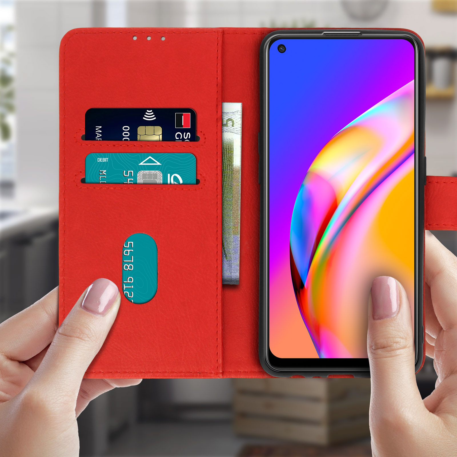 Étui Porte-cartes Avec Support Pour Oppo A94 5G - Similicuir Rouge - Neuf