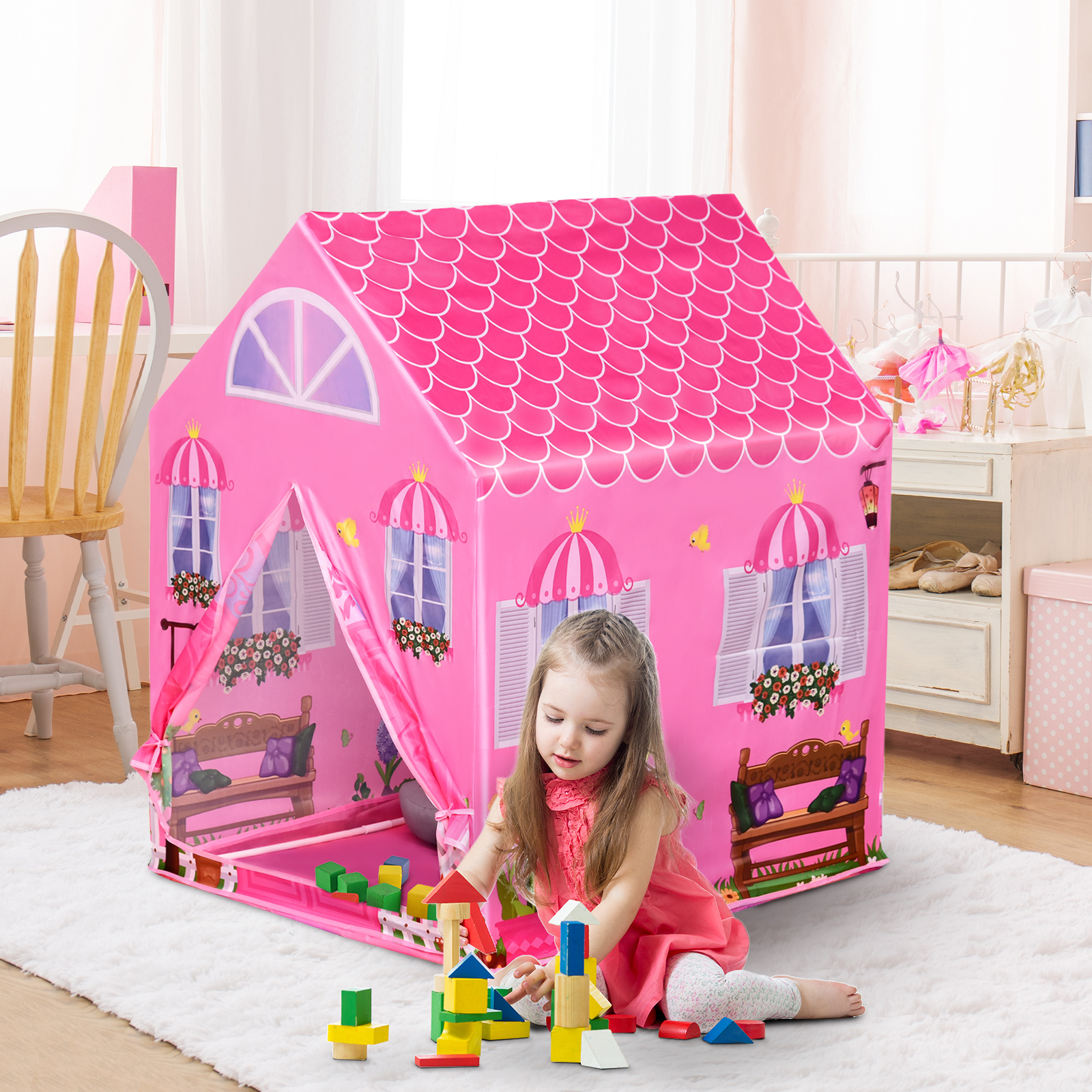 Tente De Jeu Enfants – Cabane Intérieur/Extérieur – 130x100x130 Cm – Fenêtres, Rideaux, Boules – Princesse Fille Garçon