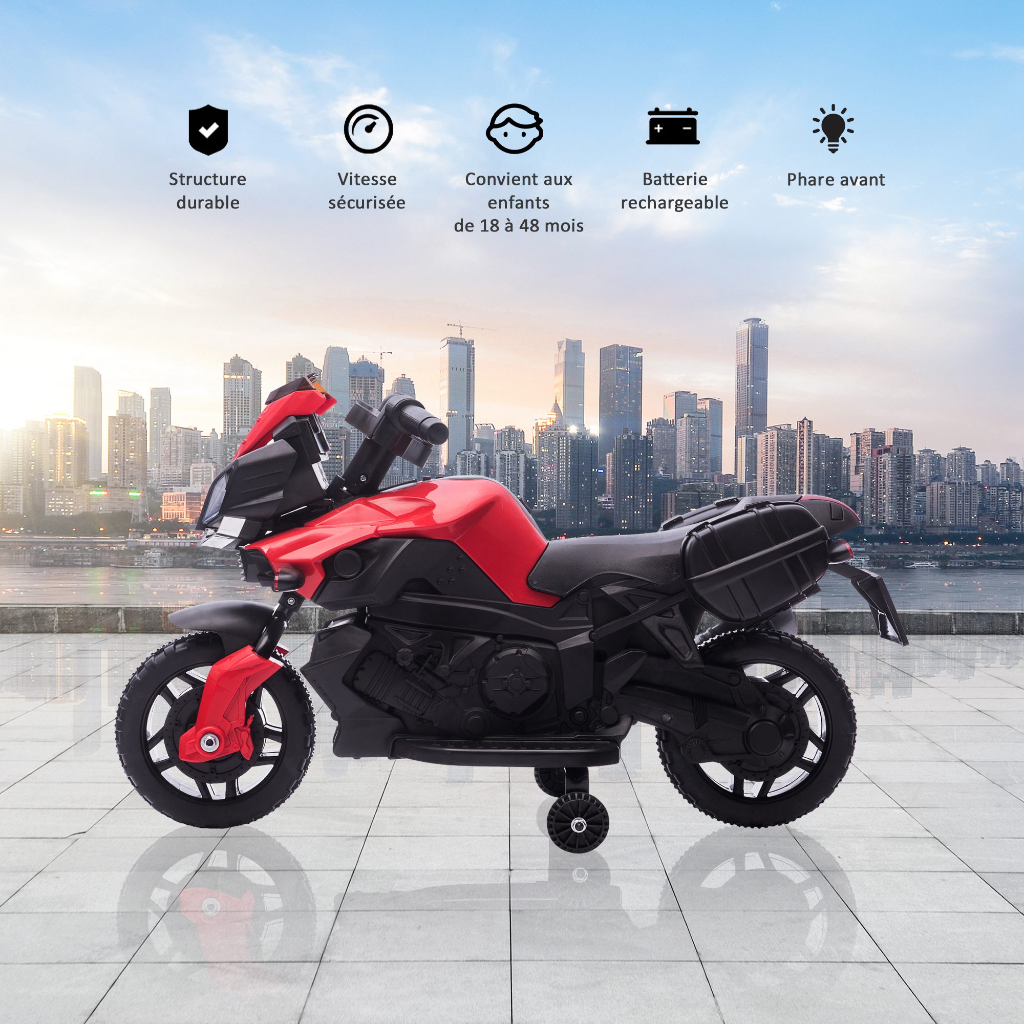 Moto Électrique Enfant HOMCOM 6V - 3 Km/h - Effets Lumineux/Sonores - Roulettes Amovibles - Pour 18-48 Mois