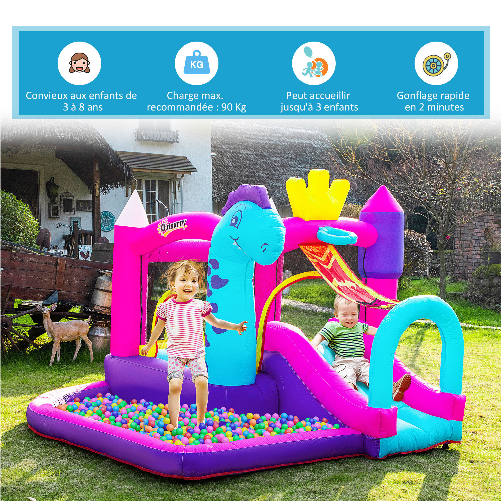 Grand Château Gonflable Pour Enfants 3-12 Ans – Toboggan, Trampoline, Basket, Jeu De Lancer, Avec Ventilateur, Idéal Intérieur/extérieur