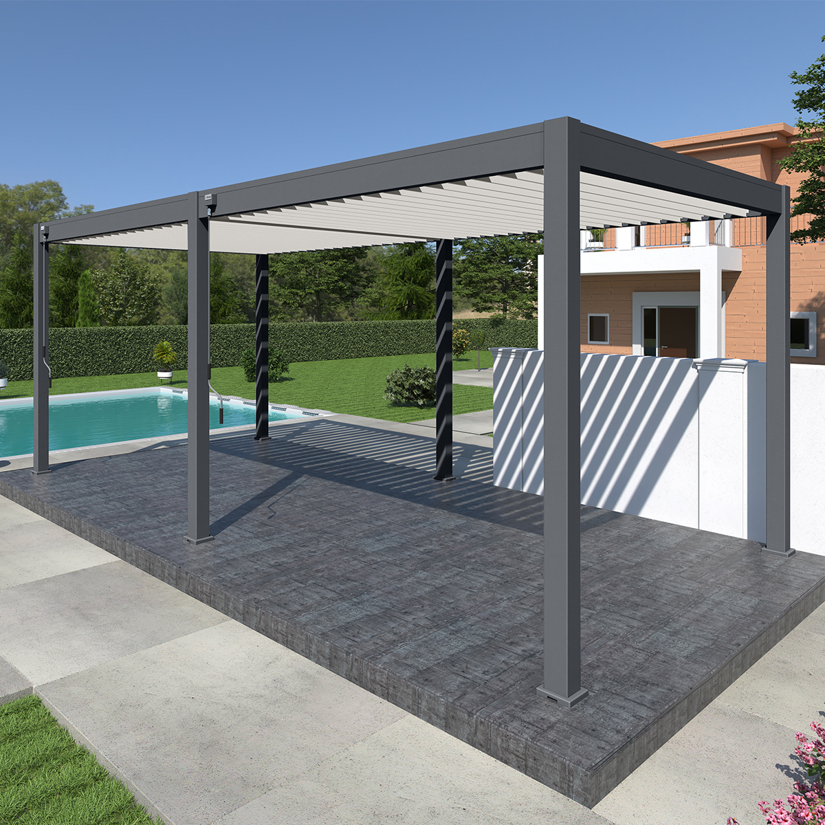 Pergola Aluminium OMBREA Bioclimatique et lames blanches 3x6