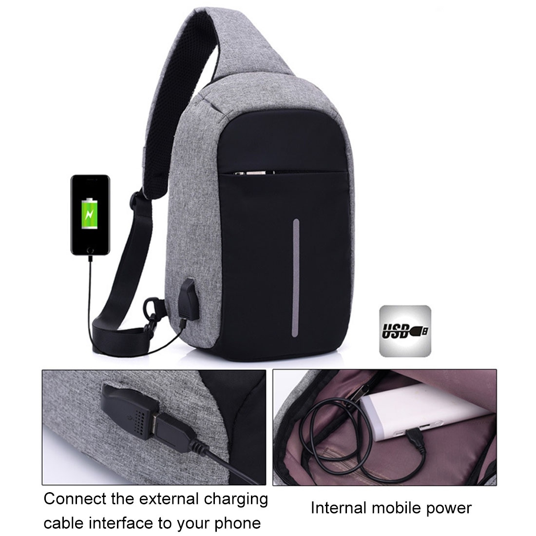Sac à Dos USB Etudiant Voyage Cartable Ecole Anti Vol pour Powerbank Noir  YONIS