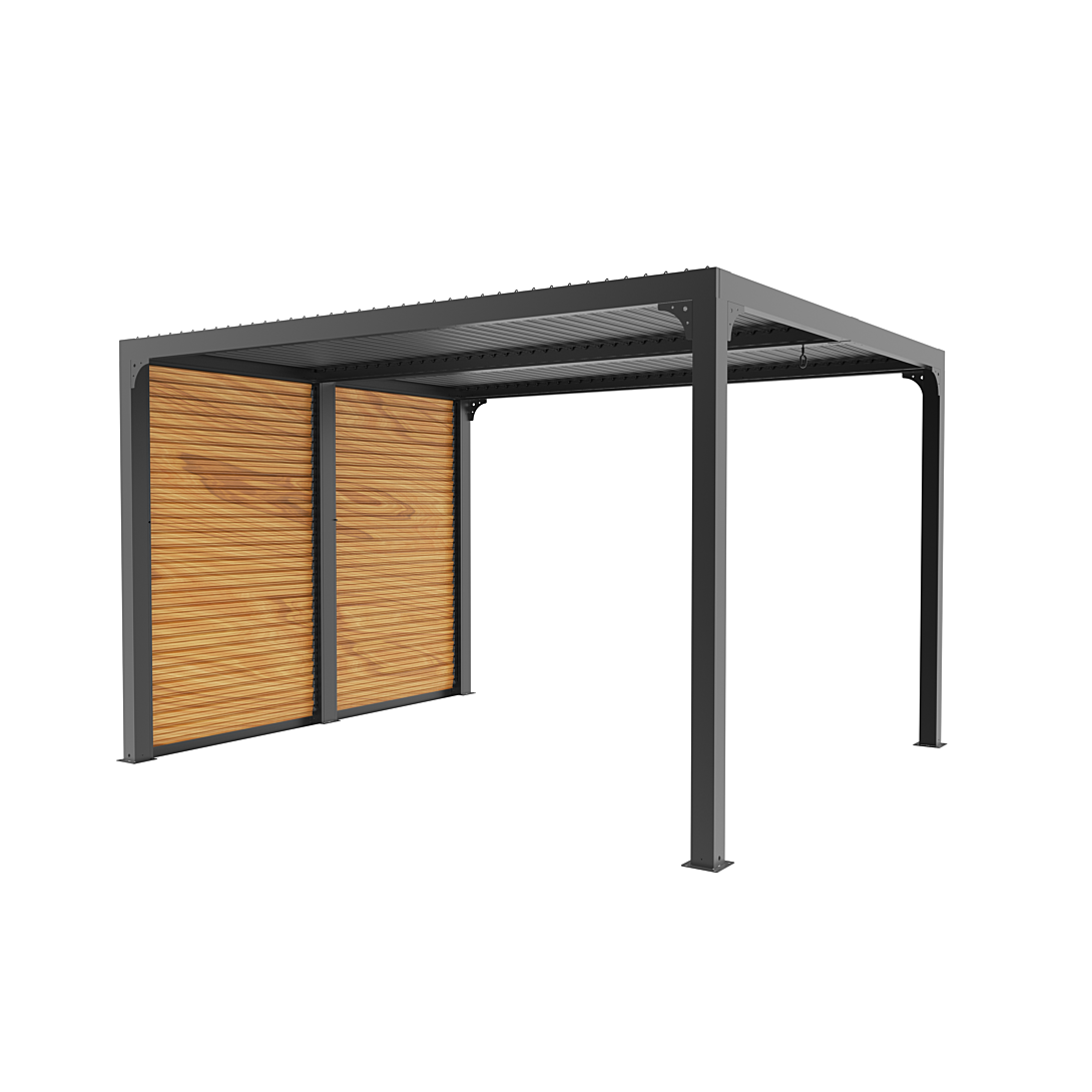 Pergola bioclimatique autoportante aluminium + ventelles latérales imitation bois 3 6 x 3 10 80 m2