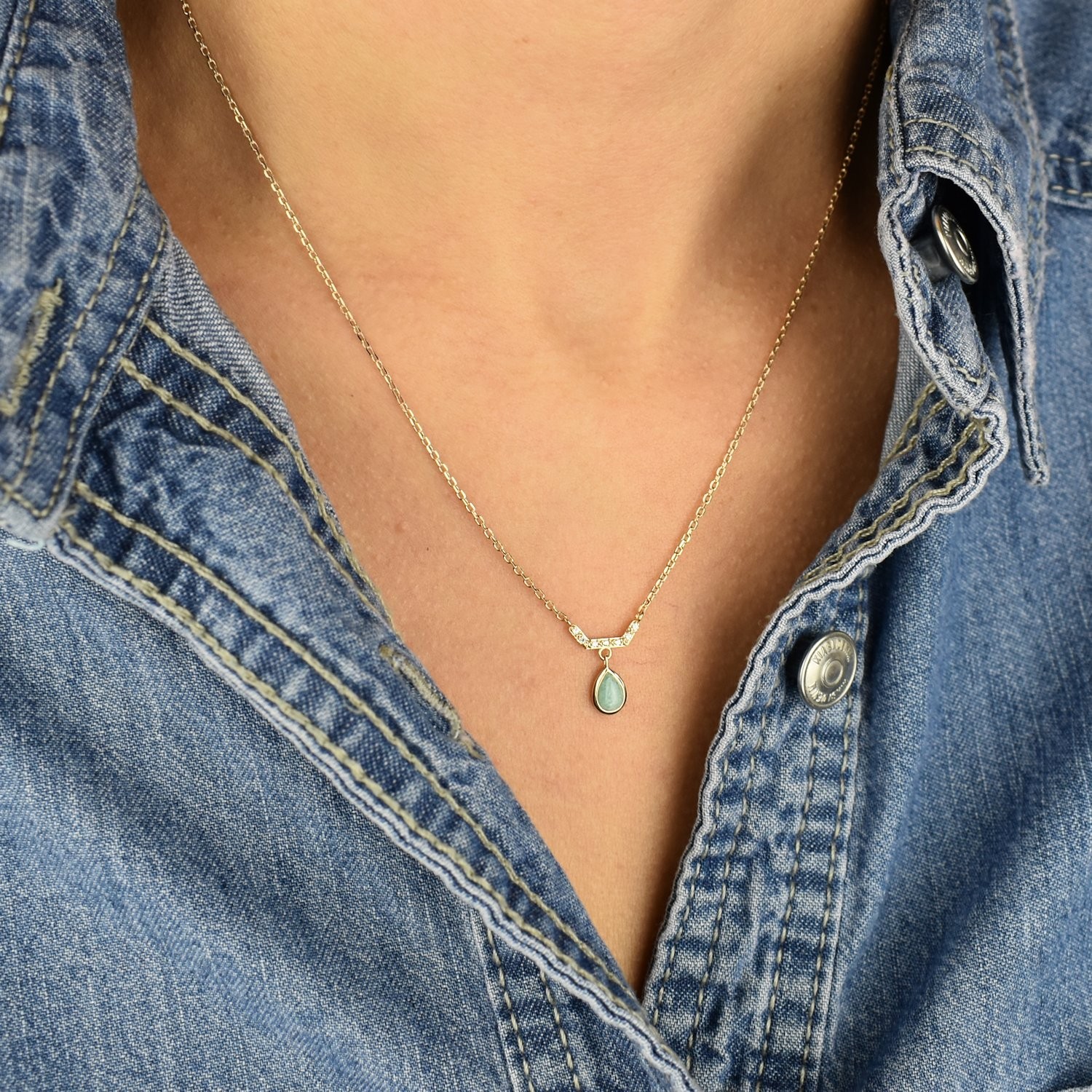 Collier Plaqué Or 18 Carats Avec Pendentif Cœur En Amazonite Et Zirconium - Longueur Réglable - Neuf Avec étiquettes