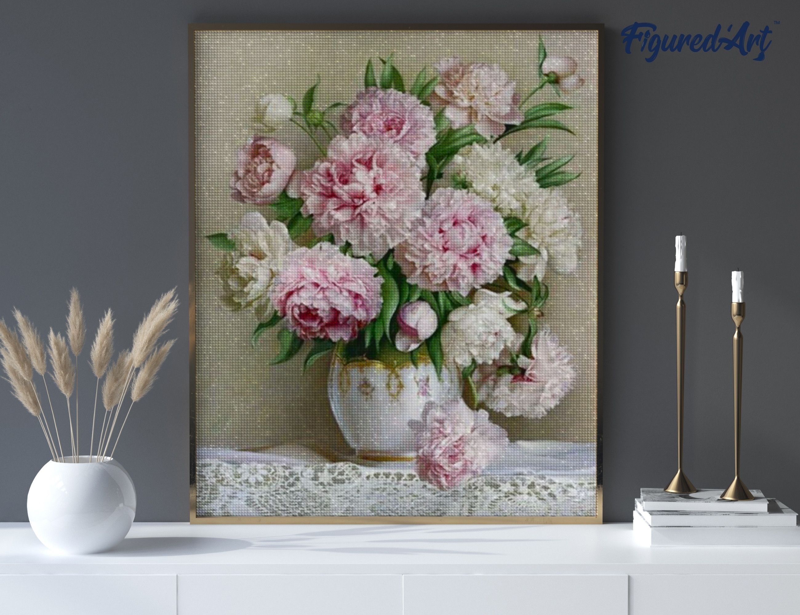 Kit DIY Peinture Diamant Pivoines - Toile 27 X 28 Cm - Strass à Coller (13 Et 9 Côtés) - Loisir Créatif Décoration Murale