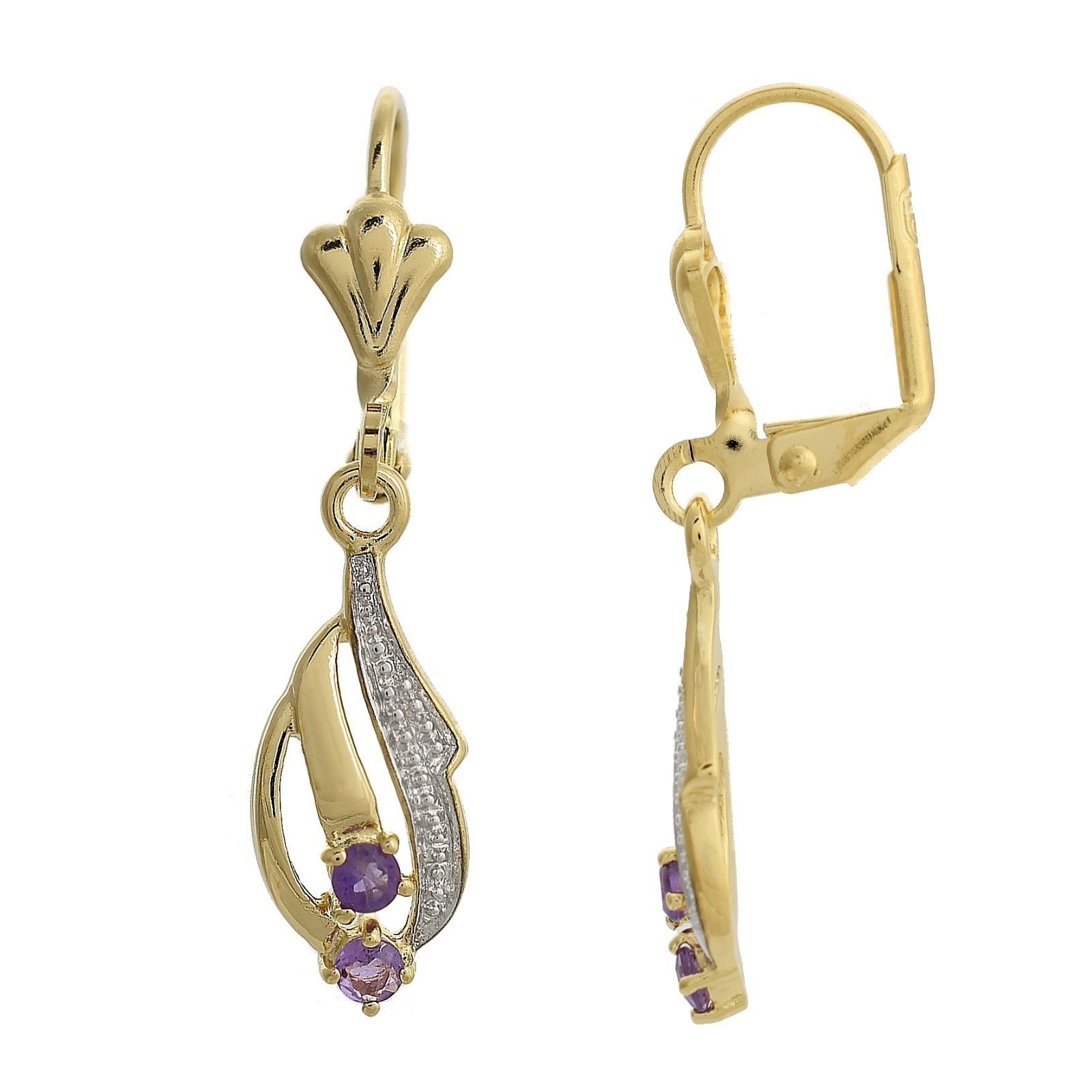 Boucles D'oreilles Dormeuses Améthyste, Plaqué Or Jaune 18 Carats - Neuf Avec étiquettes