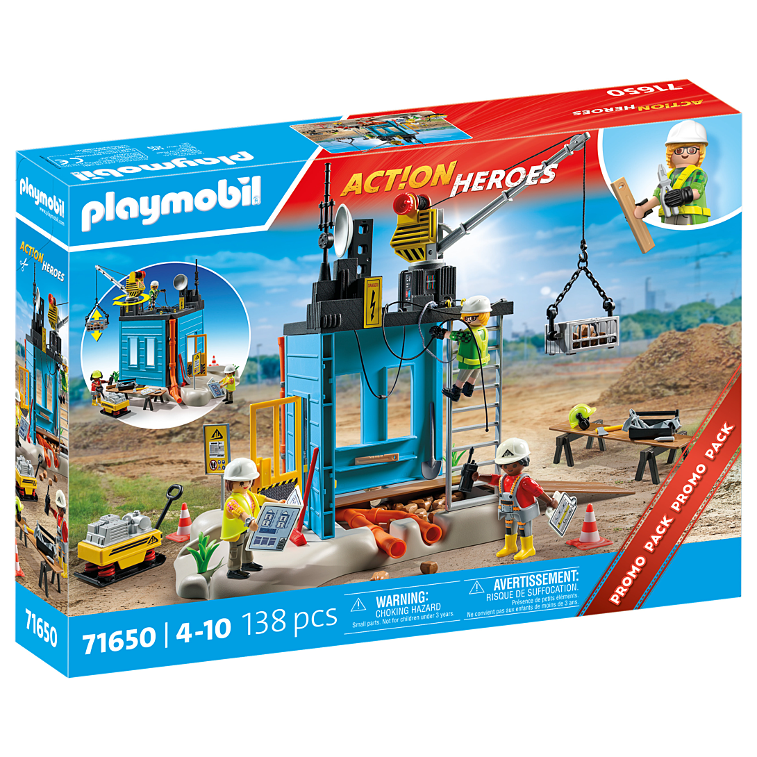 Playmobil 71650 Ouvriers et Chantier Action Heroes Promo Pack Comprenant Trois Personnages Une Grue Mobile et de Nombreux Accessoires supplémentaires Dès