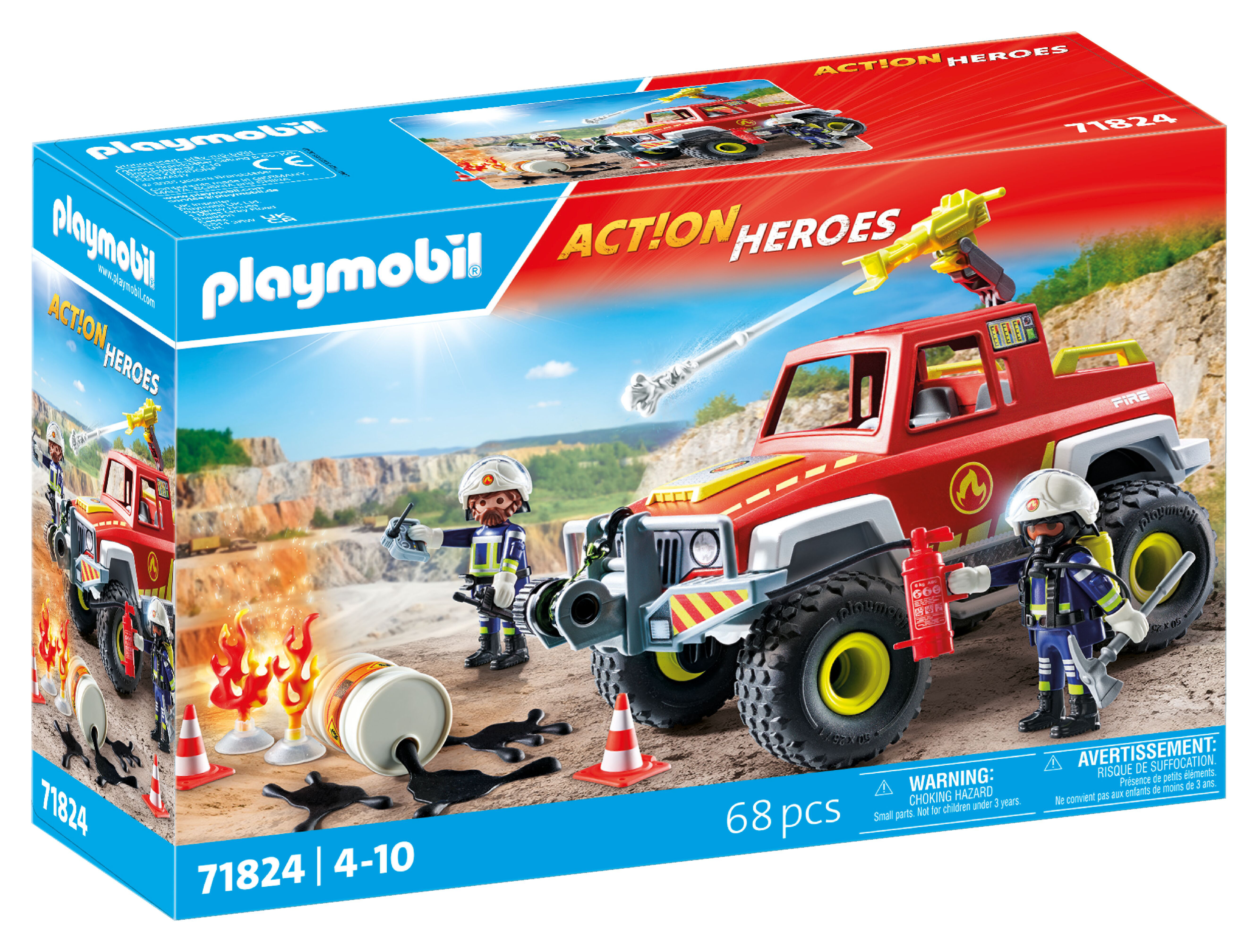 Véhicule de pompiers avec bidon enflammé
