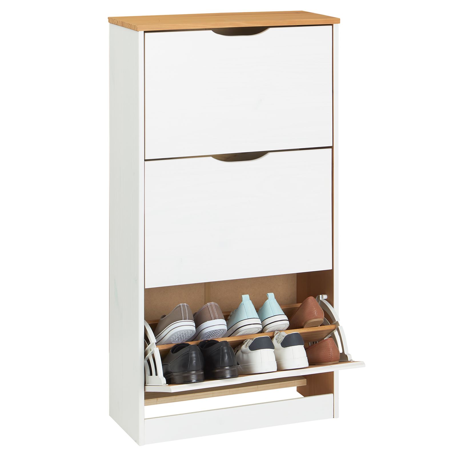 IDIMEX Meuble à Chaussures Basil - Armoire Pin Massif 2 Abattants + Tiroir Blanc/Brun