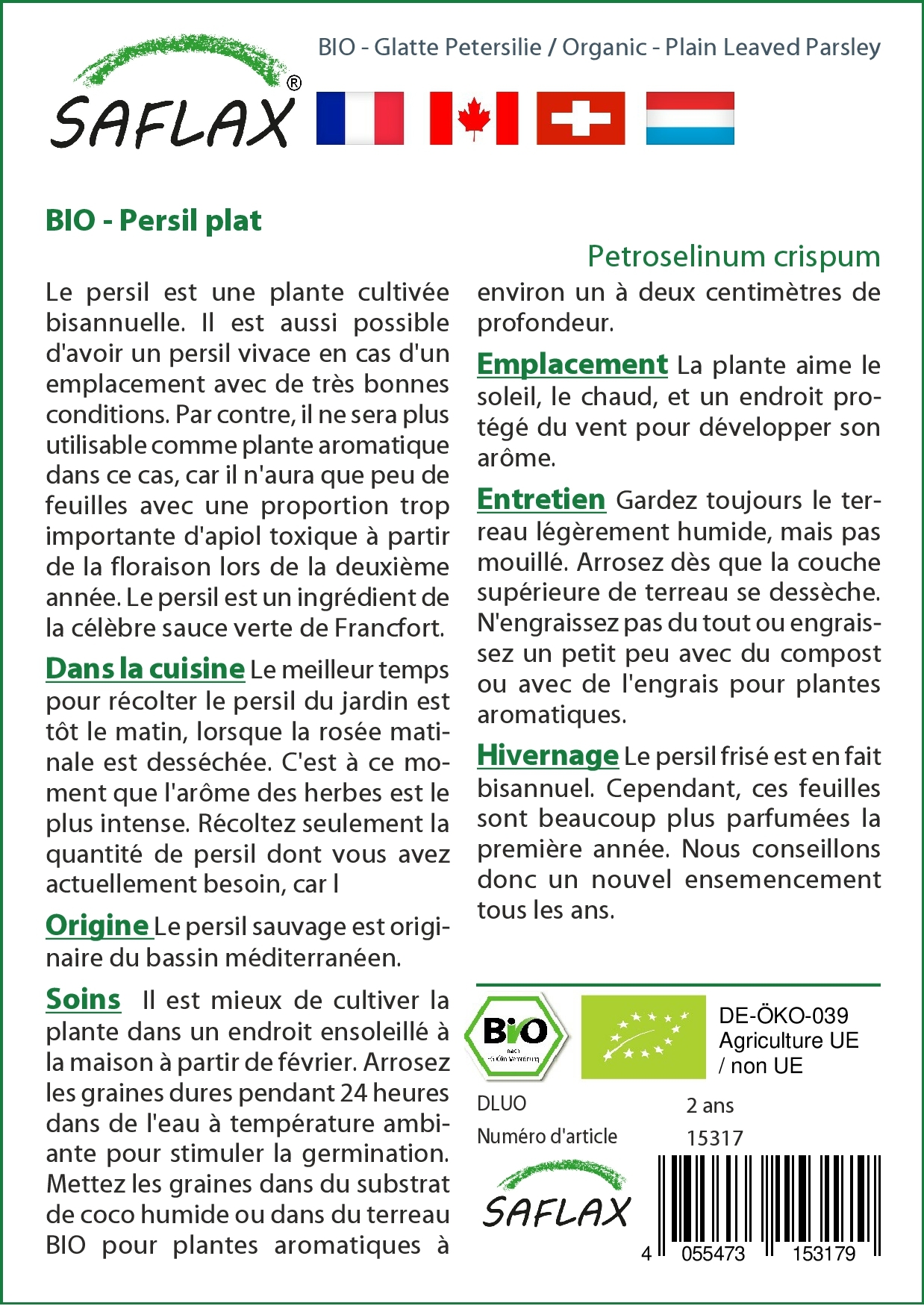 Persil Frisé Nain Mousse - Graines Bio - Petroselinum Crispum