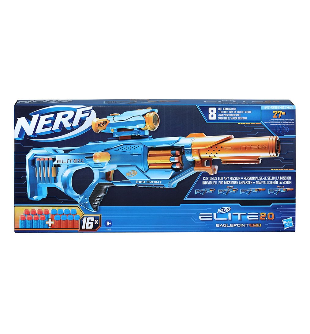 Nerf Elite 2.0, blaster à fléchettes Eaglepoint RD-8, barillet 8 fléchettes, viseur et canon Nerf, 16 fléchettes Elite, mécanisme à verrou