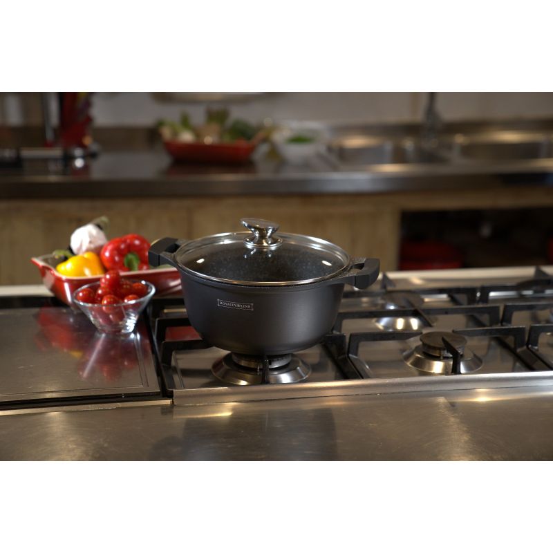 Faitout Royalty Line RL-BS32M 32cm Avec Revêtement Marbre Et Couvercle Verre - Induction Tous Feux