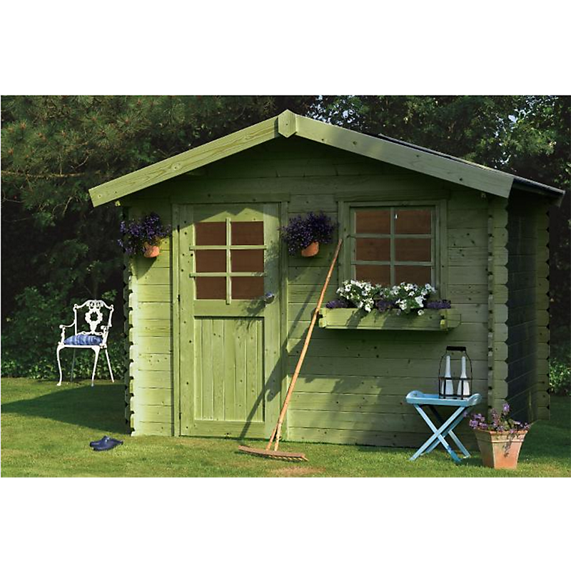 Abri de jardin Sologne en bois traité en madriers de 28 mm dimensions au sol 2980 x2980 mm