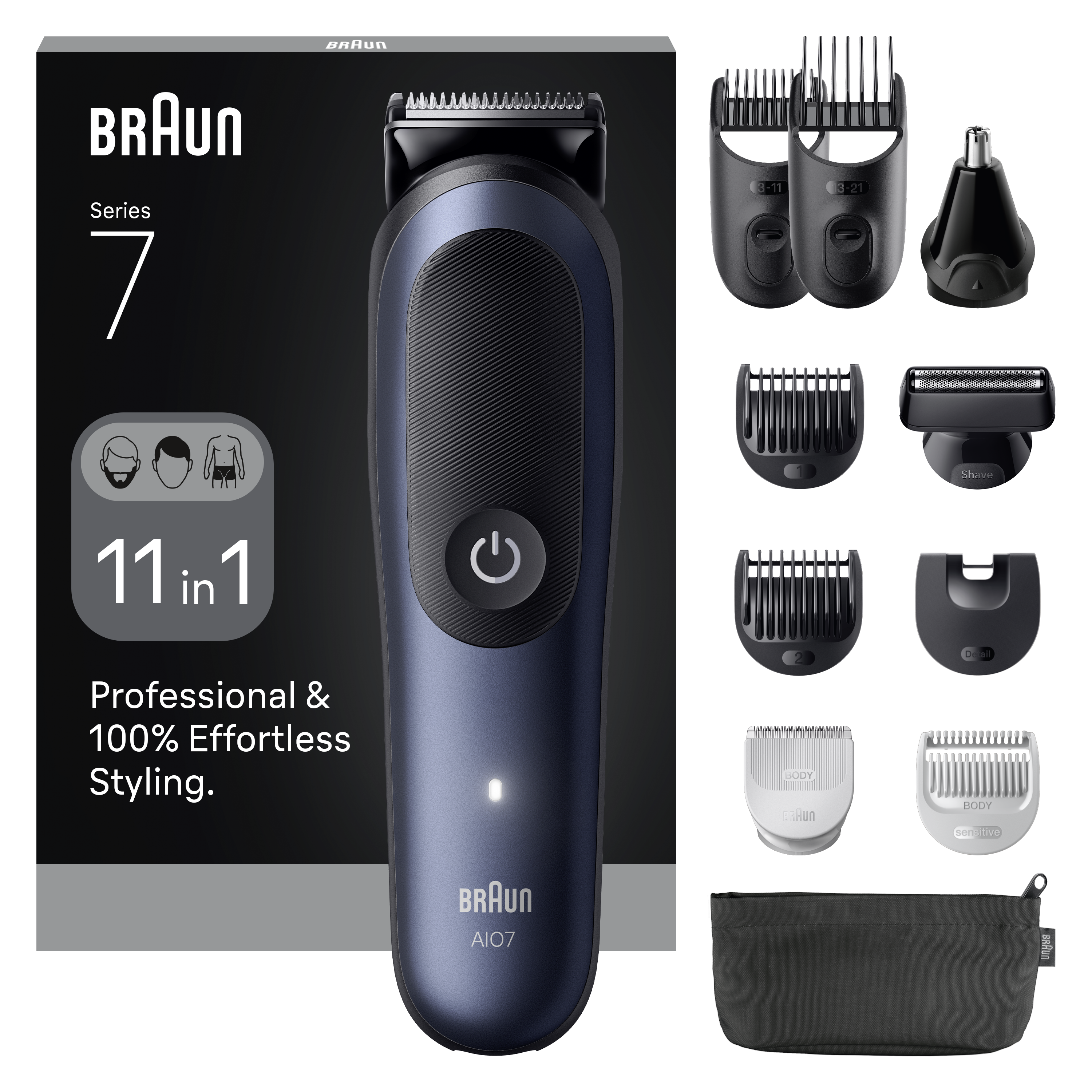 Braun Tondeuse Tout-En-Un Series 7, Kit 11-En-1, ProBlade, AutoSense, AIO7540, Bleu