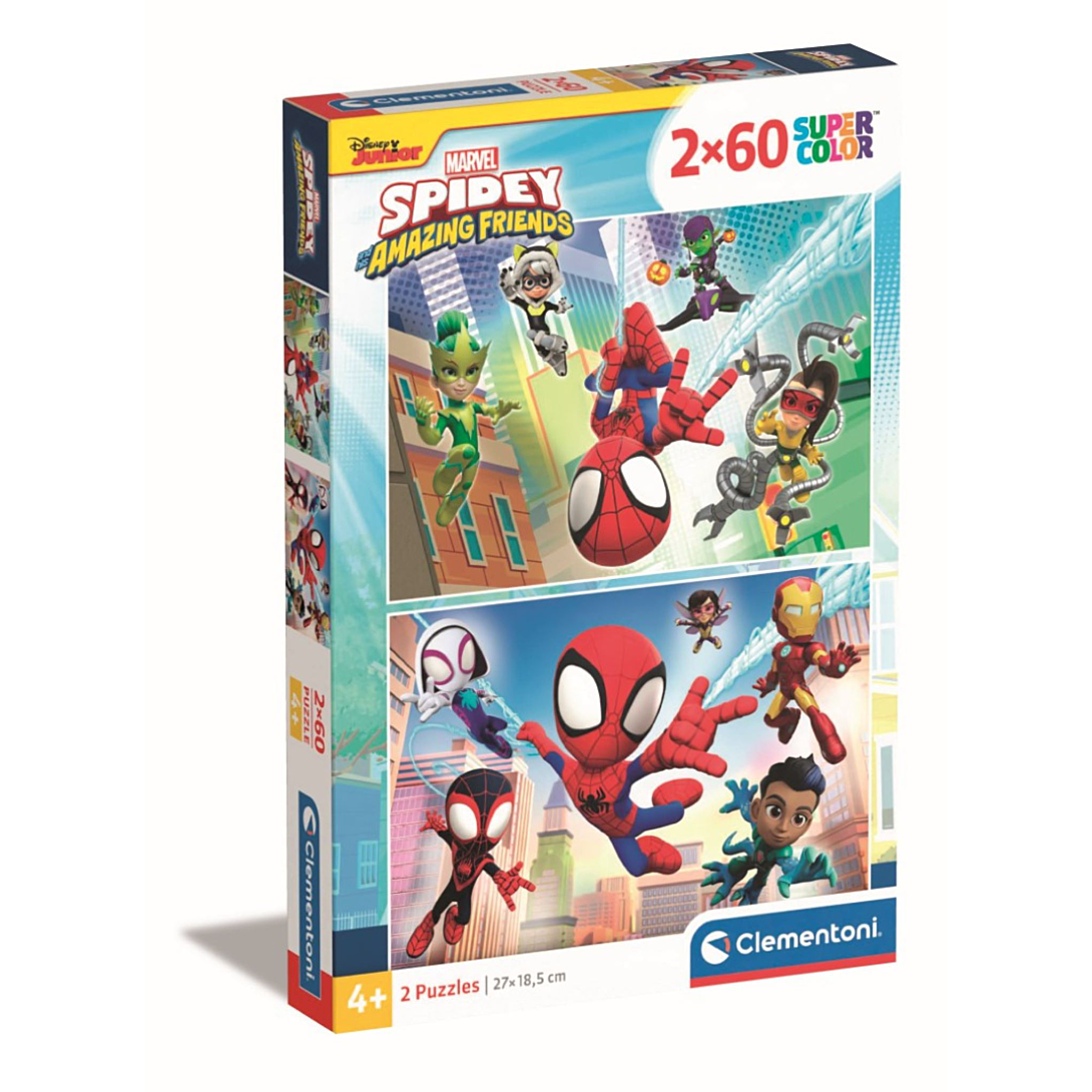 Clementoni | Puzzle Spidey & His Amazing Friends pour Enfants + | 2×60 Pièces | Supercolor | Puzzle Éducatif Recyclé sous Licence Officielle | 27 × 19 cm | Activité Ludique Cadeau Jeu de Société