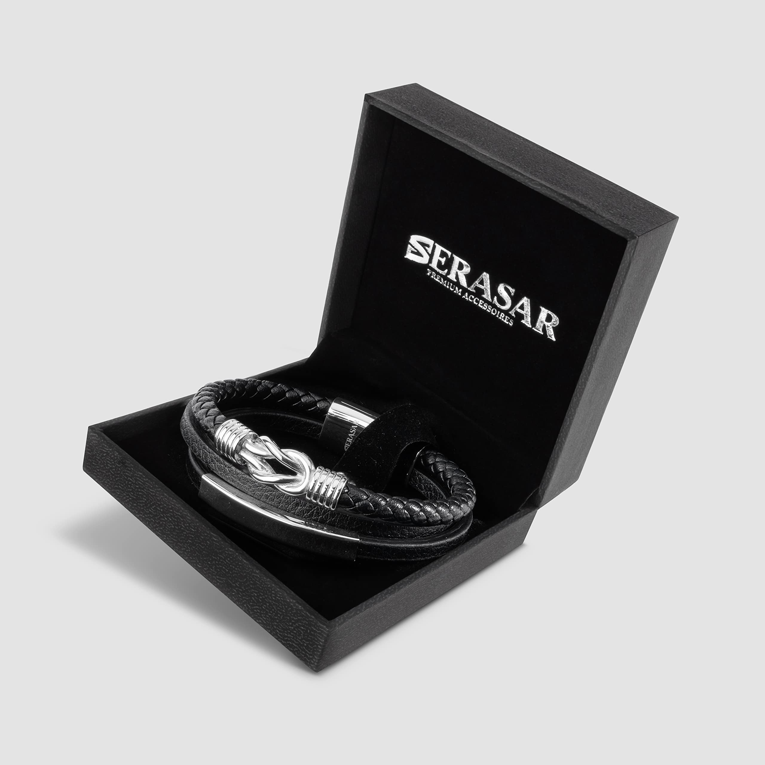 HALUKAKAH Garçon Enfants Bracelet en Cuir Véritable Noir ○ Honneur d'or ○ 6-12 Ans Chaîne Argent Titane Acier Fermoir Magnétique 7/18cm avec Le Boîte -Cadeau Gratuit