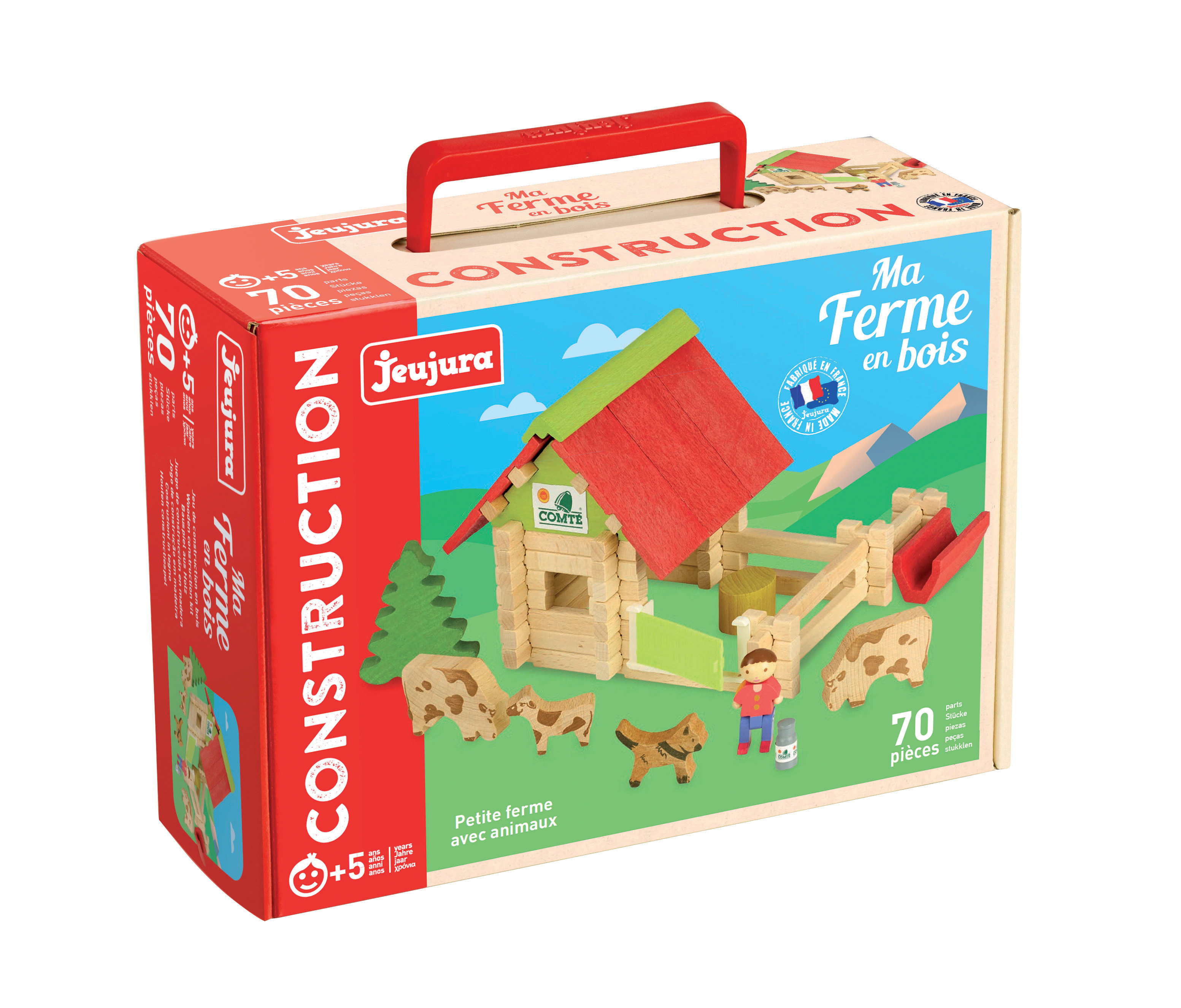 JEUJURA - Petite Ferme en bois Avec Animaux - 70 Pieces