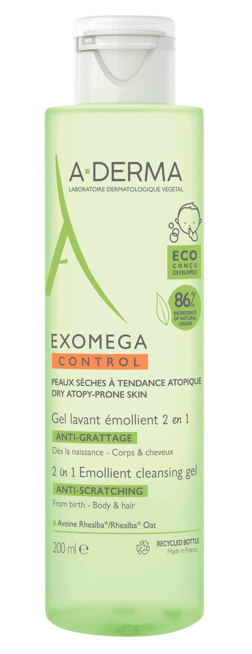 A-Derma - Exomega Control - Gel lavant émollient anti-grattage - 2en1 Corps et Cheveux 200 ml