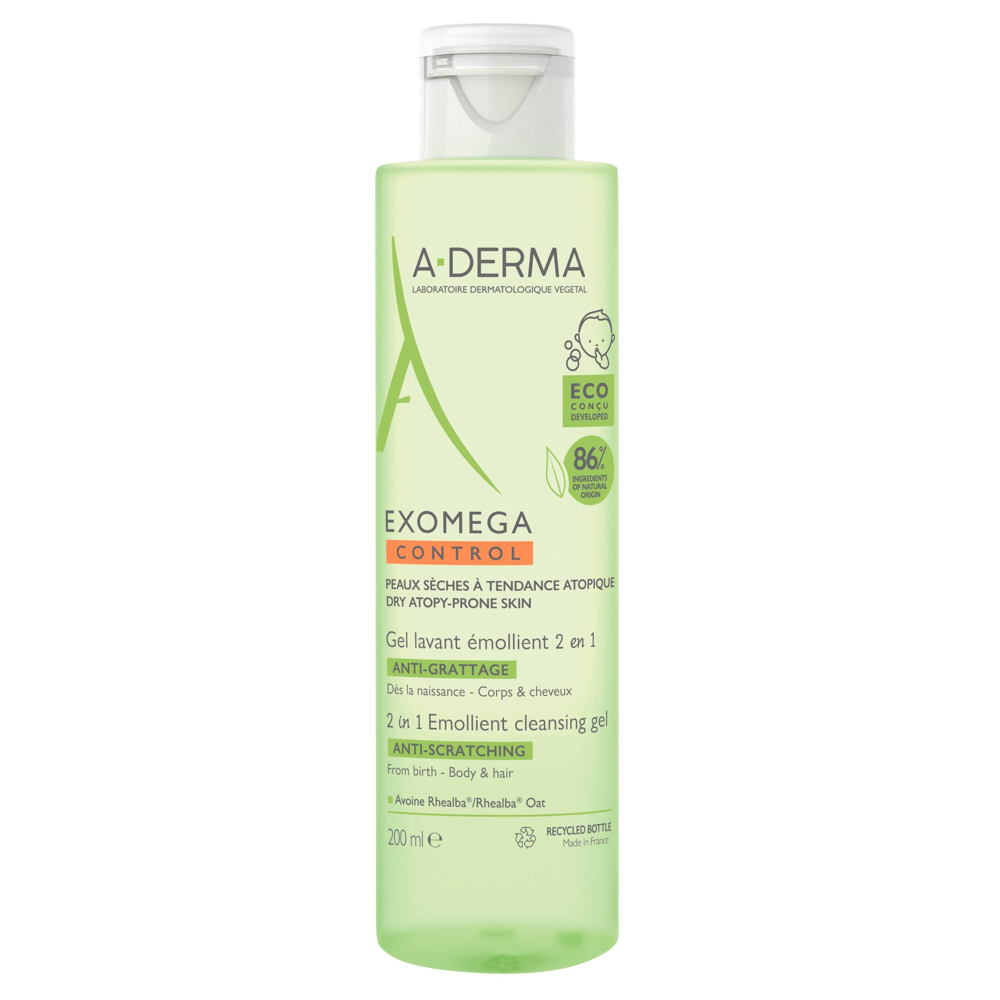 A-Derma - Exomega Control - Gel lavant émollient anti-grattage - 2en1 Corps et Cheveux 200 ml