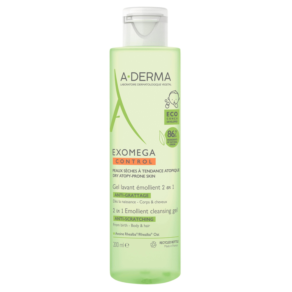 A-Derma - Exomega Control - Gel lavant émollient anti-grattage - 2en1 Corps et Cheveux 200 ml