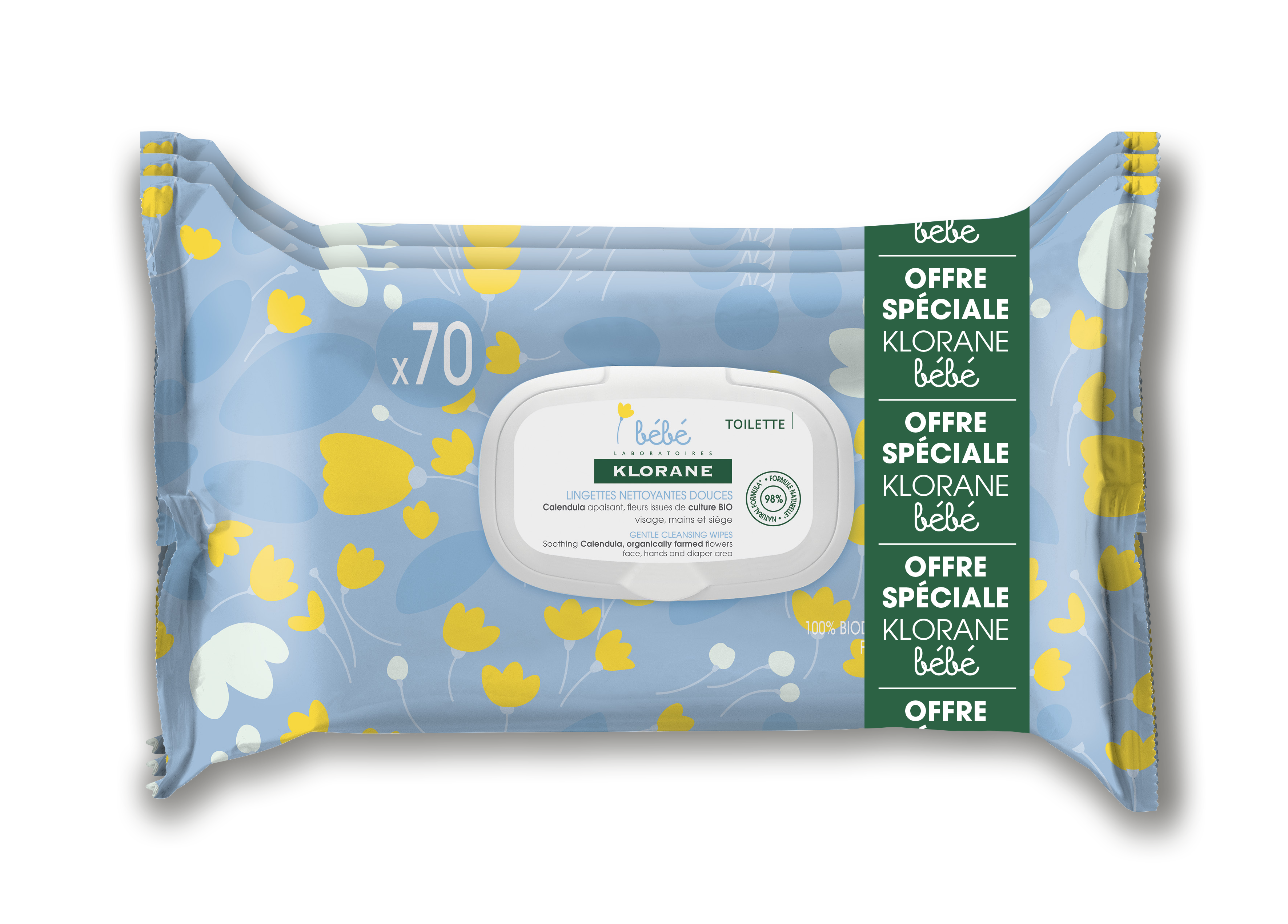 Lingettes nettoyantes douces au Calendula apaisant - Peau normale à sèche - 3X70 unités