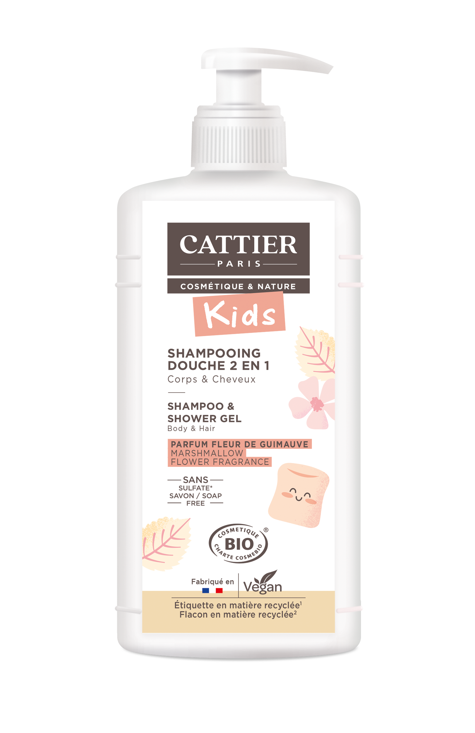 Shampoing & Douche Gel Peau Douce Et Cheveux Parfum Fleur De Guimauve Sans Sulfate Bio Cosmétique & Nature Kids Cattier La Flacon De 500ml - vue 2