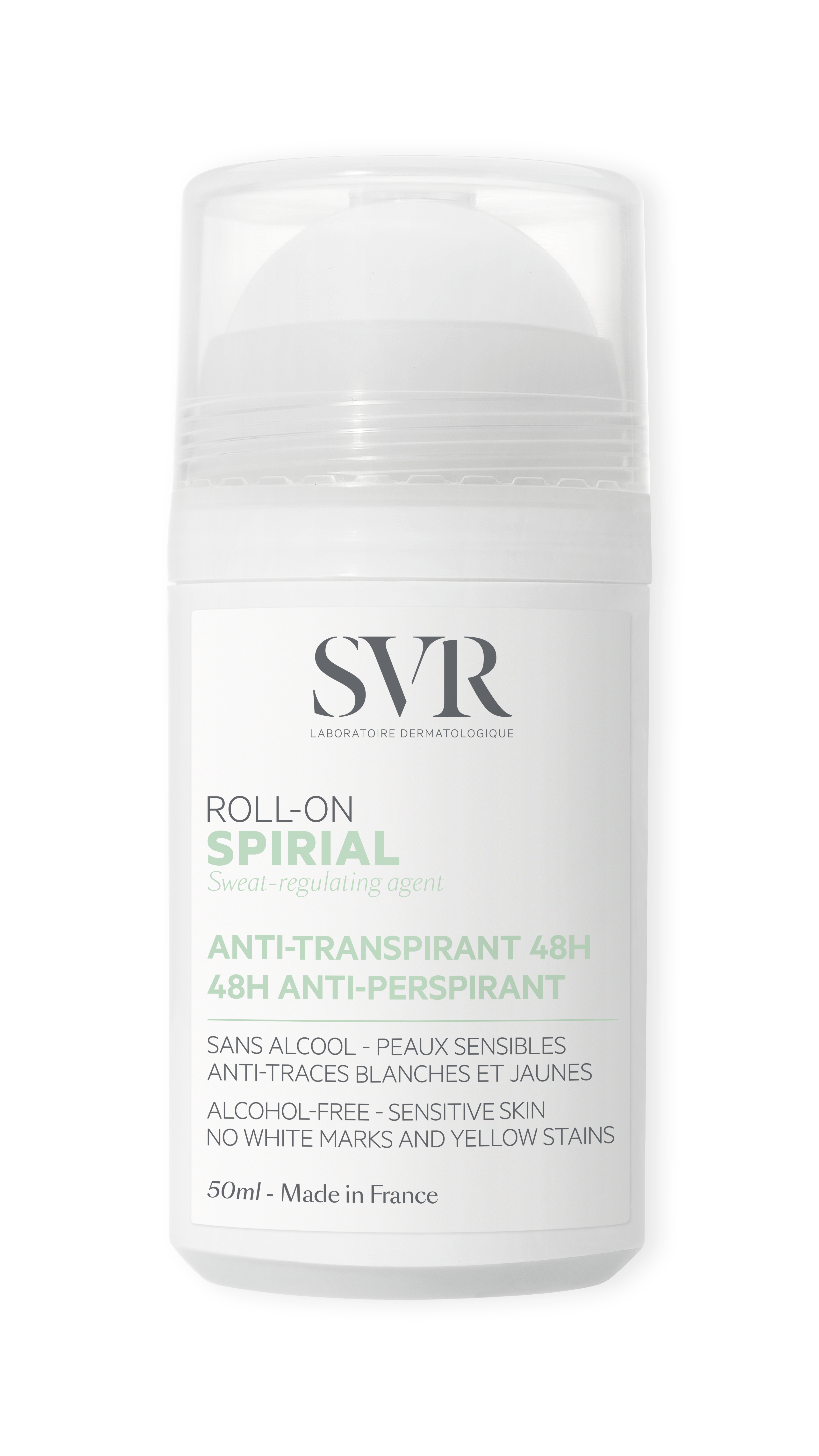 Déodorant Hypoallergénique Anti tanspirant Anti traces Blanches Et Jaunes Roll on Spirial Laboratoire Svr Le Roll on
