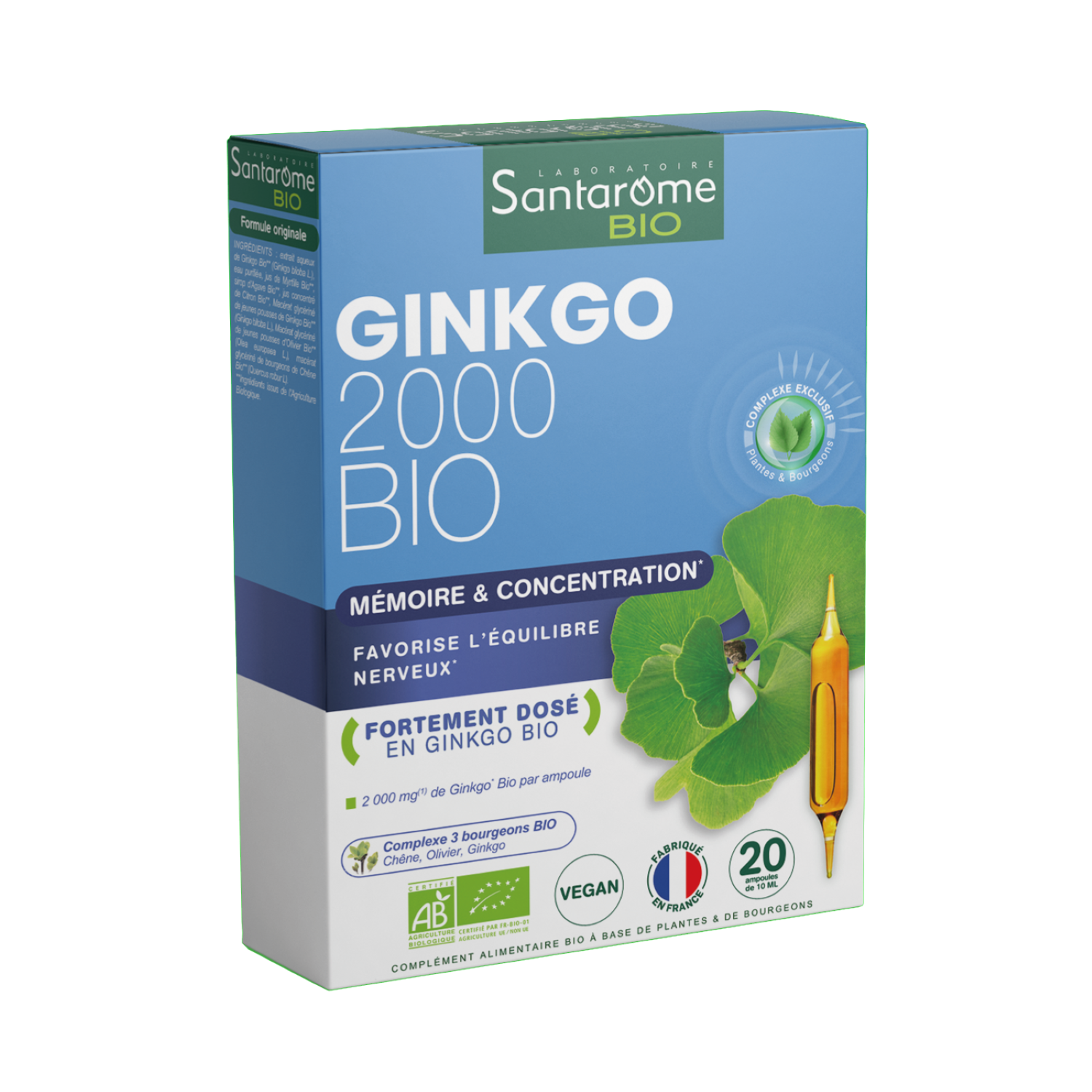 Ginkgo bio 2000mg mémoire et concentration 20 ampoules de 10ml