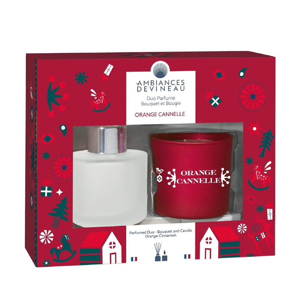 Coffret mini duo bougie Orange Cannelle et un bouquet 80 ml