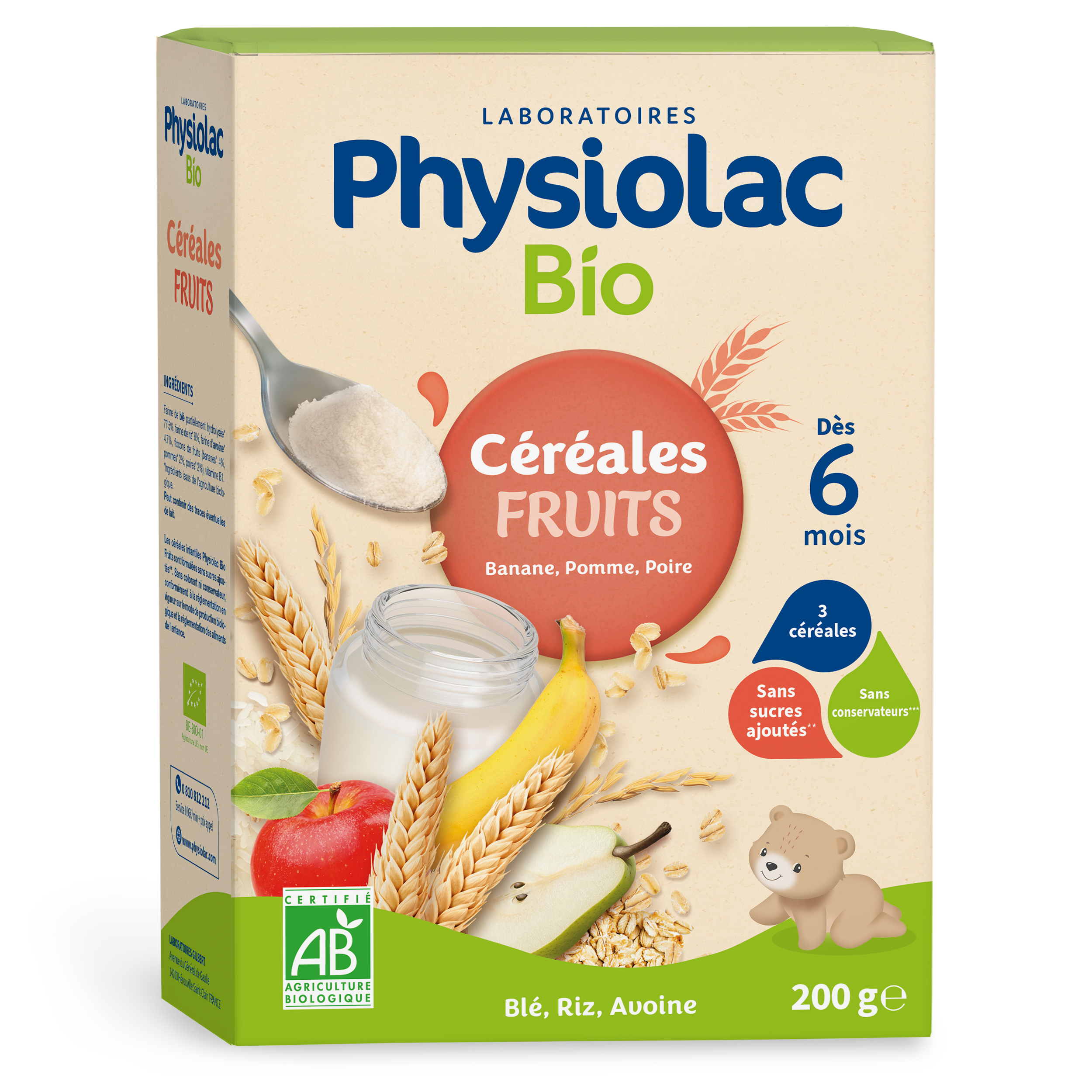 Physiolac Céréales Fruits bio 200g