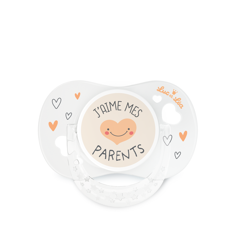 Sucette +18m J'aime mes parents blanc anneau