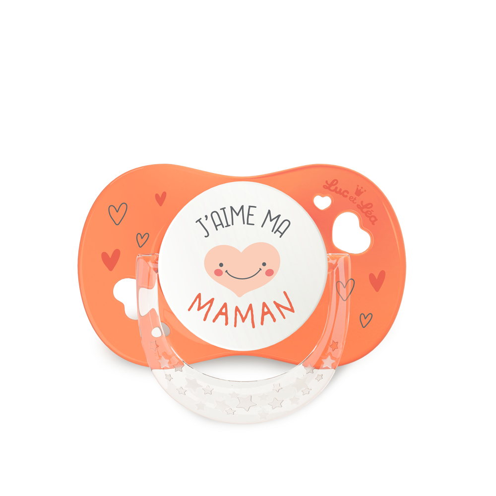 Sucette 6-18m J'aime ma Maman orange anneau