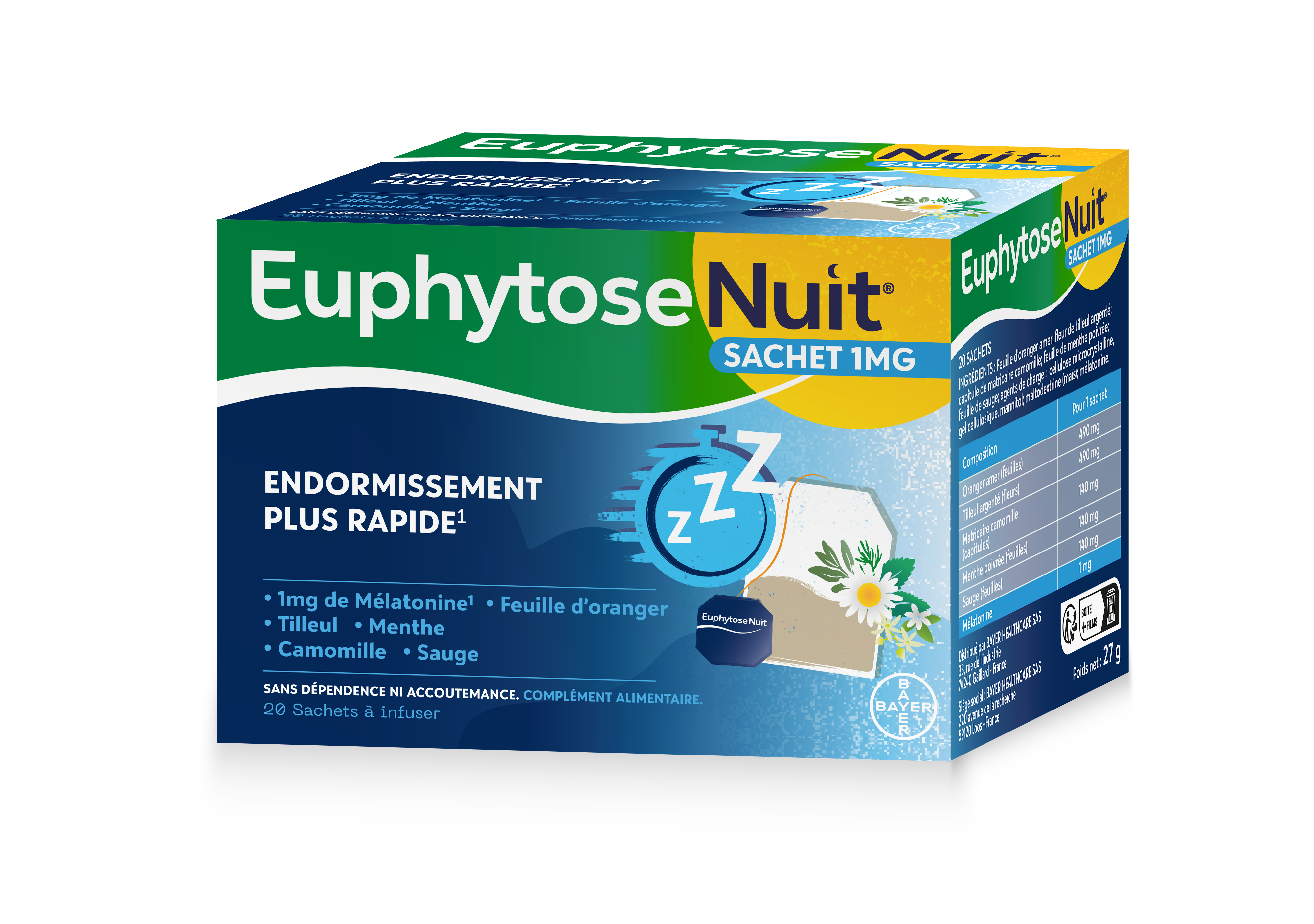 Euphytose Nuit Sommeil Mélatonine et Feuille d'Oranger 20 Sachets à Infuser