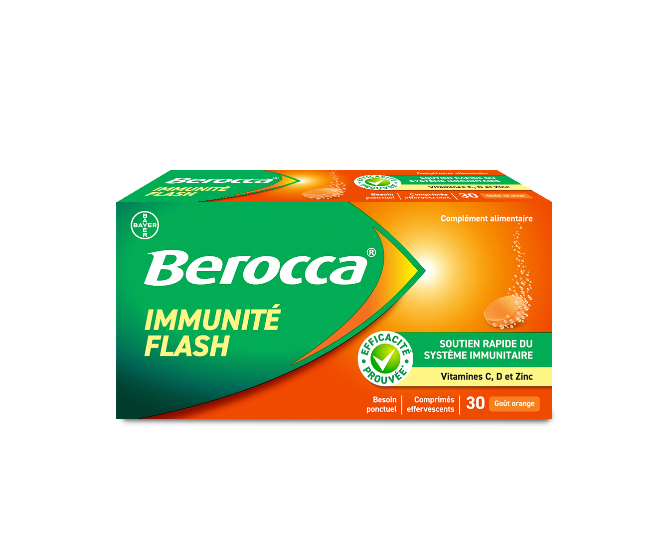 Berocca Immunité Flash Vitamine D, C, Zinc et Fer 30 Comprimés Effervescents