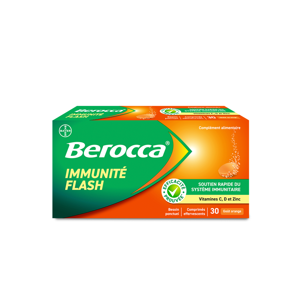 Berocca Immunité Flash Vitamine D, C, Zinc et Fer 30 Comprimés Effervescents