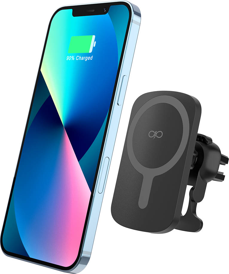 Chargeur voiture Compatible MagSafe 15W + Support voiture Grille aération Blanc Force Power