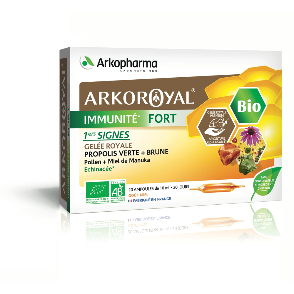 Arkoroyal immunité fort bio gelée royale, propolis, 20 ampoules x 10ml