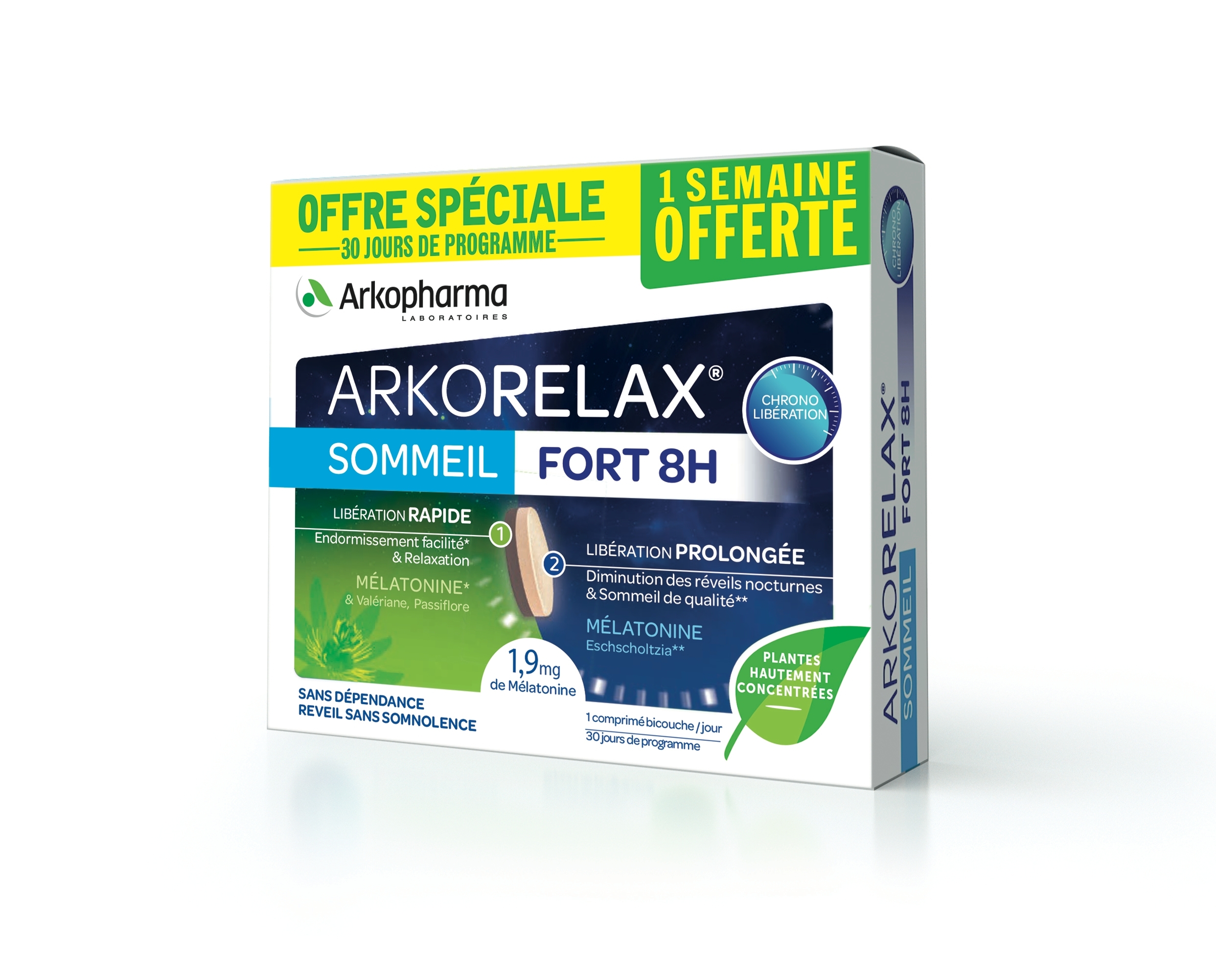 Arkorelax xl sommeil fort 8h mélatonine, valériane, 30 comprimés 1 semaine offerte